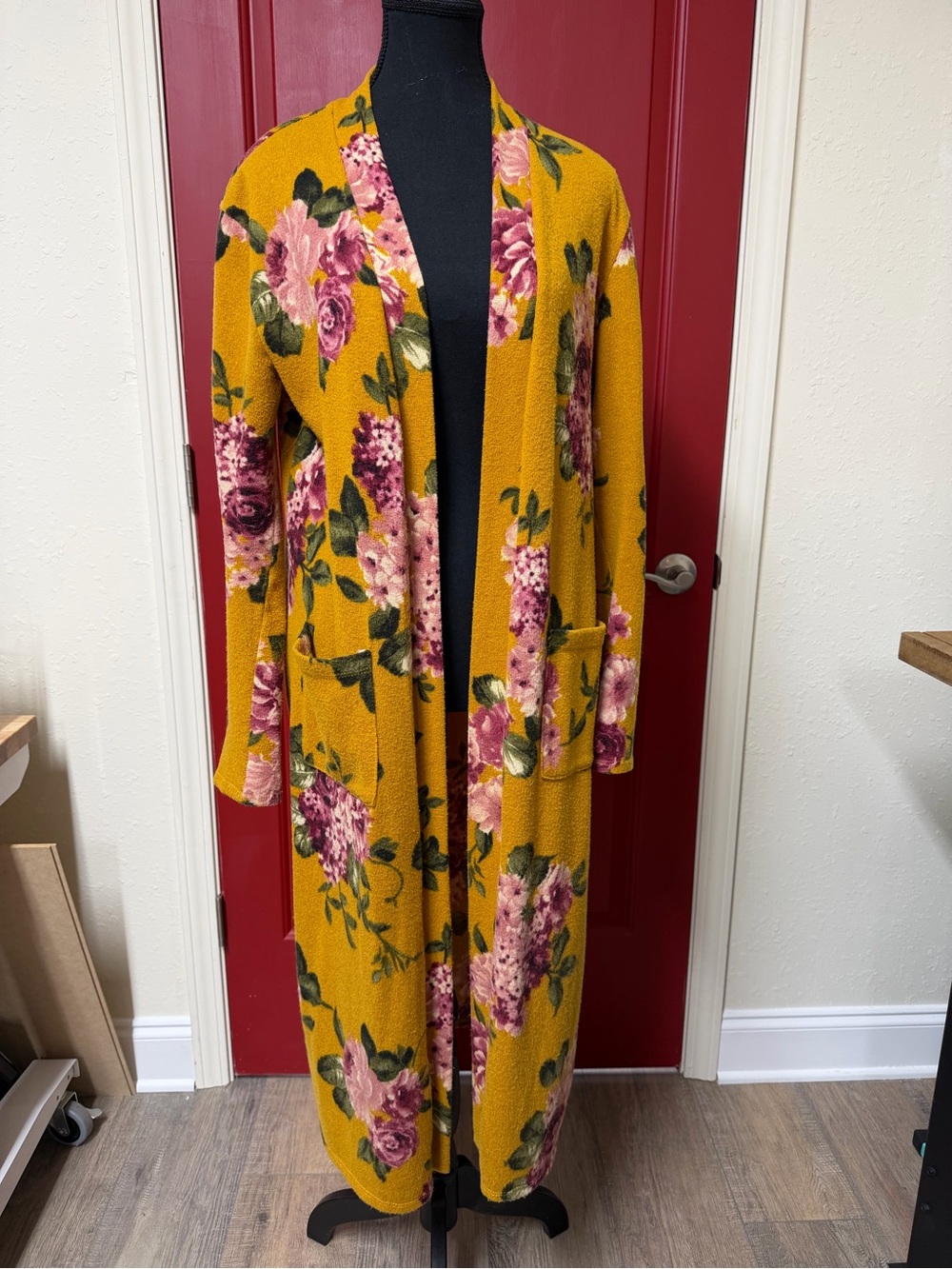 Floral Longline Open-Front Cardigan in Mustard